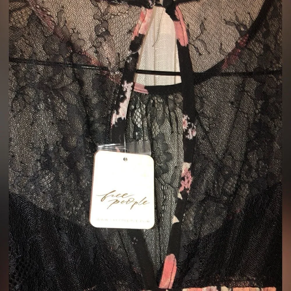 FREE PEOPLE NWT Black Lace Pink Beige Floral Boho Blouse  Top Long Sleev…